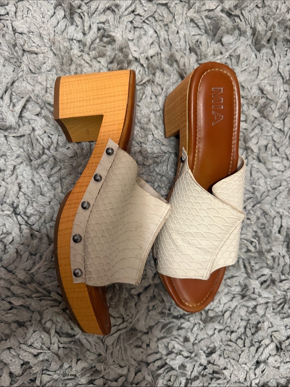 MIA Ivory Snake-Embossed Crossover Slide Heels